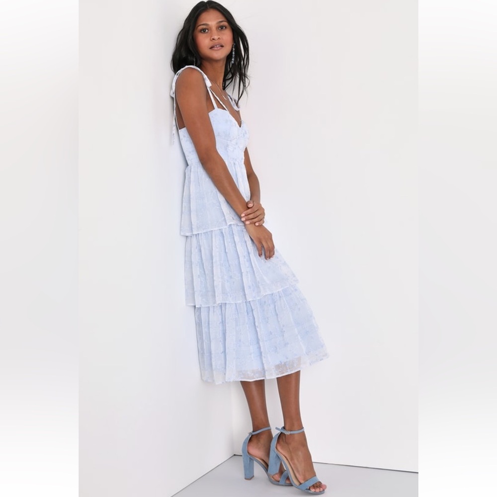 Vineyard Visit Blue Embroidered Tie-Strap Tiered Midi Dress Lulus Light Blue